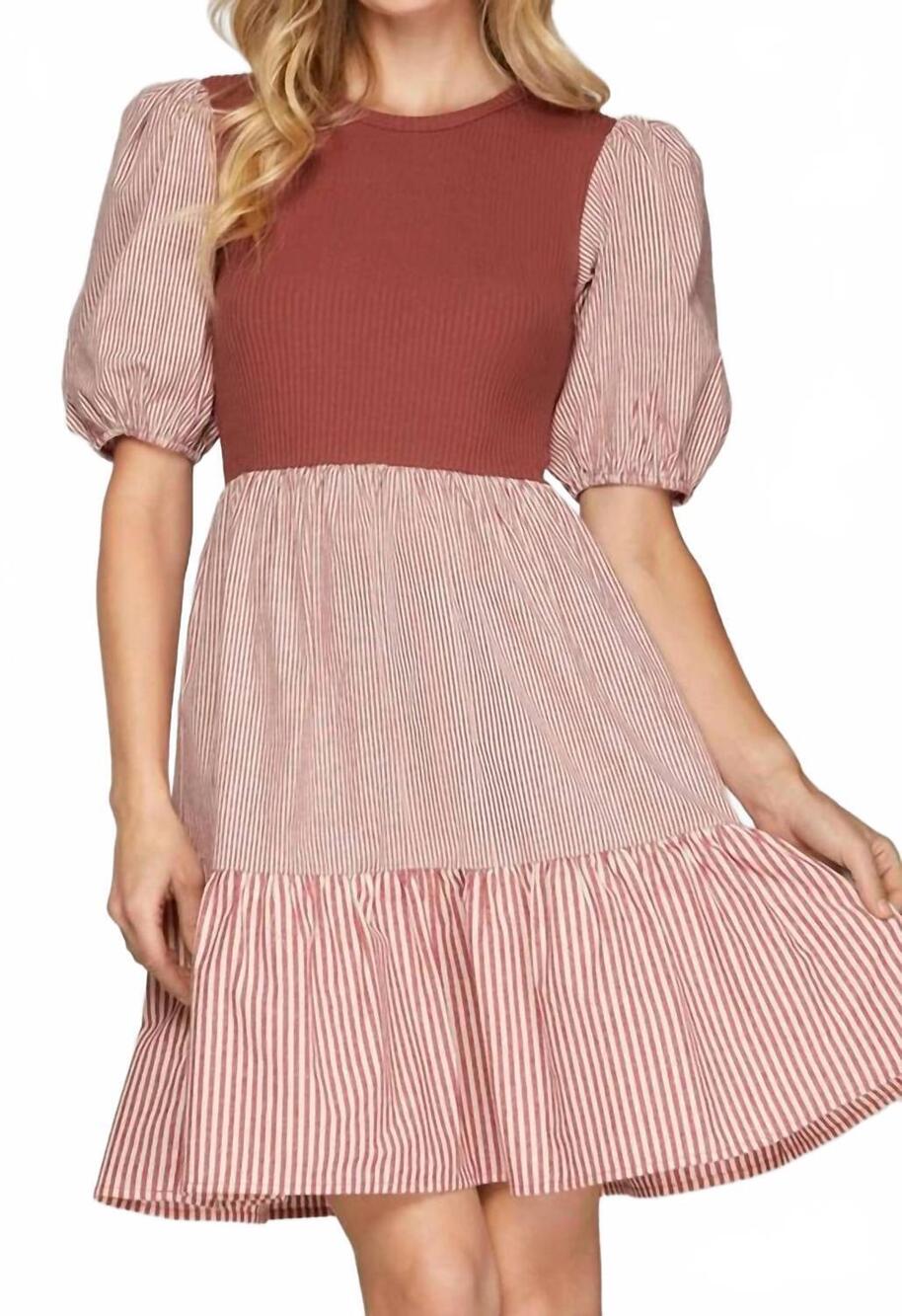 NEW SHE + SKY ribbed and striped mini dress in red bean